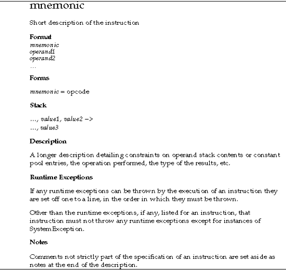 The instruction page has fields for format, forms, stack, description, runtime exceptions and notes.